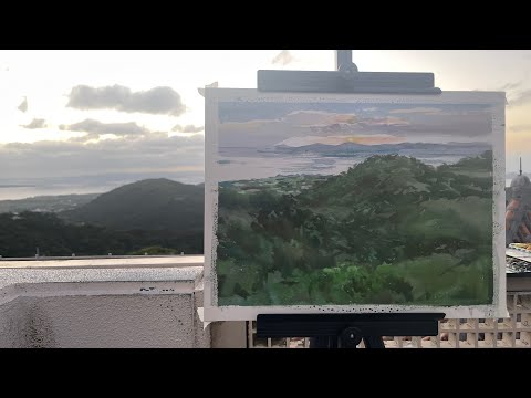 大迫力　夕暮れの海岸と町並みの絵画 大迫力夕暮れの海岸と町並みの絵画