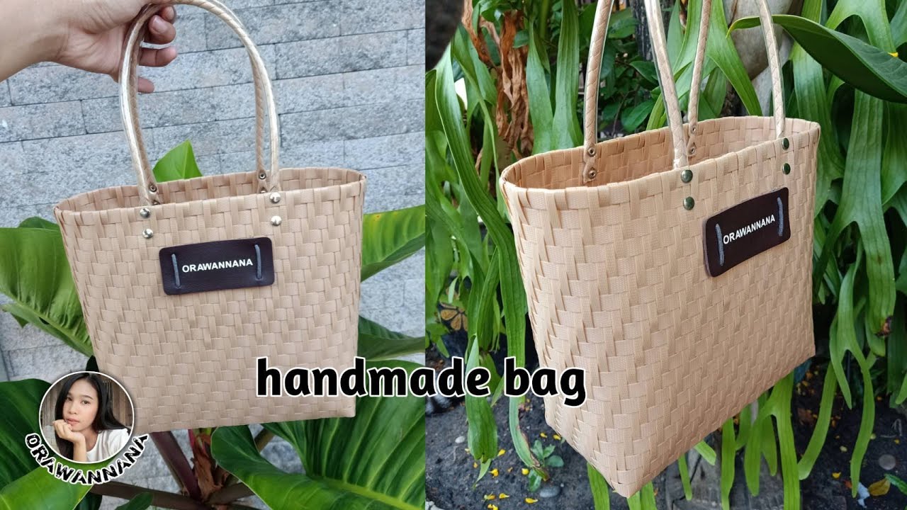D.I.Y กระเป๋าสานจากเส้นพลาสติก ลายสอง สีครีม | How to make a bag with plastic strands