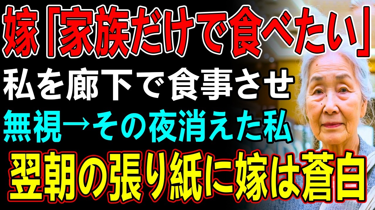 嫁「家族だけで食べたい」私を廊下で食事させ 無視 → その夜消えた私翌朝の張り紙に嫁は蒼白