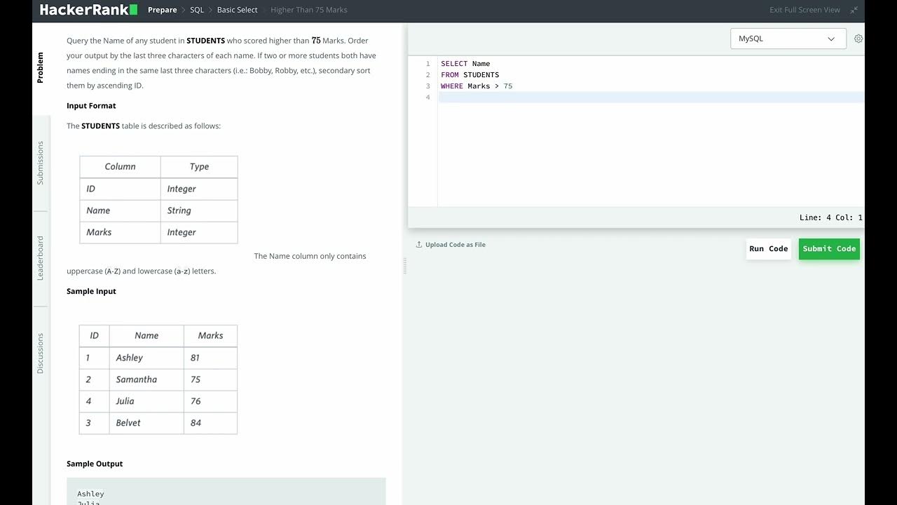 Hackerrank SQL Solution 17 Basic SQL Higher Than 75 Marks YouTube