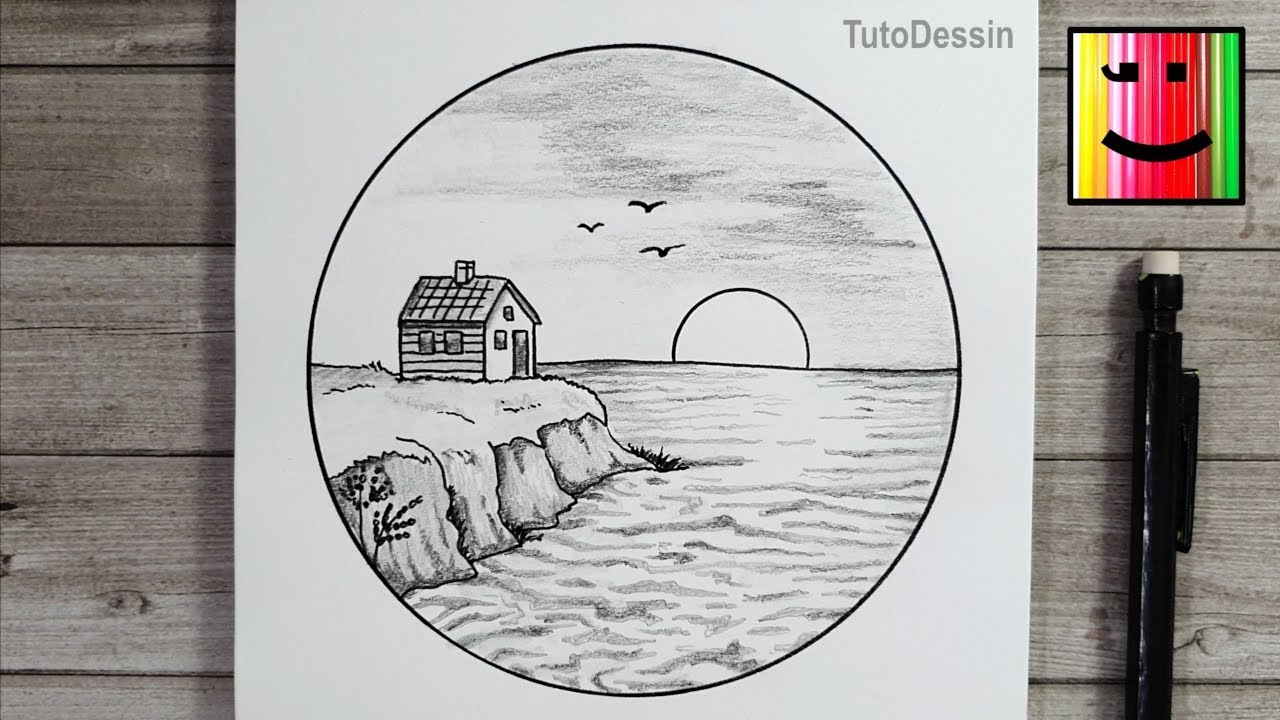 Dessin facile : maison face à la mer (crayon de papier)