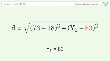 Find the distance between two points p1 (18,83) and p2 (73,60): Step-by-Step Video Solution