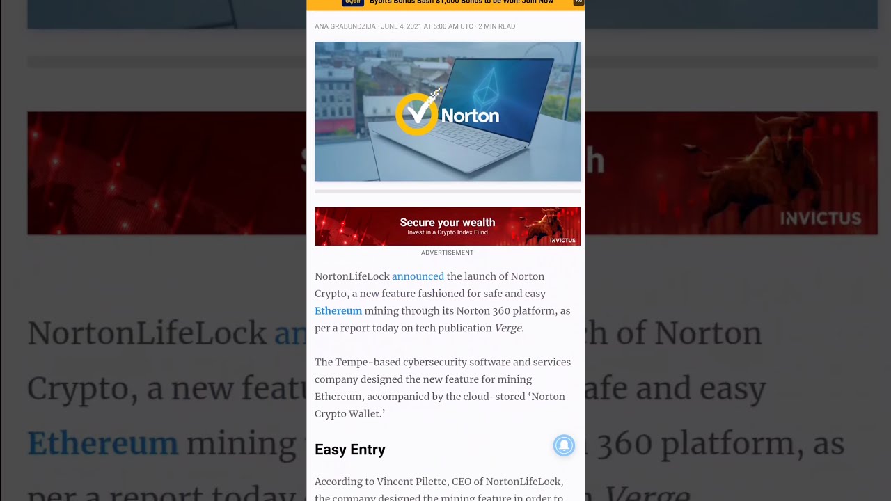 Norton 360 bringing an In-built Ethereum Mining to Everyday Laptops!