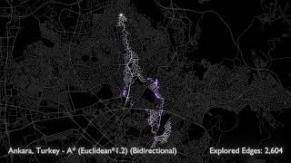 Bidirectional A* Pathfinding in Ankara Turkey with heuristic cartesian*1.2