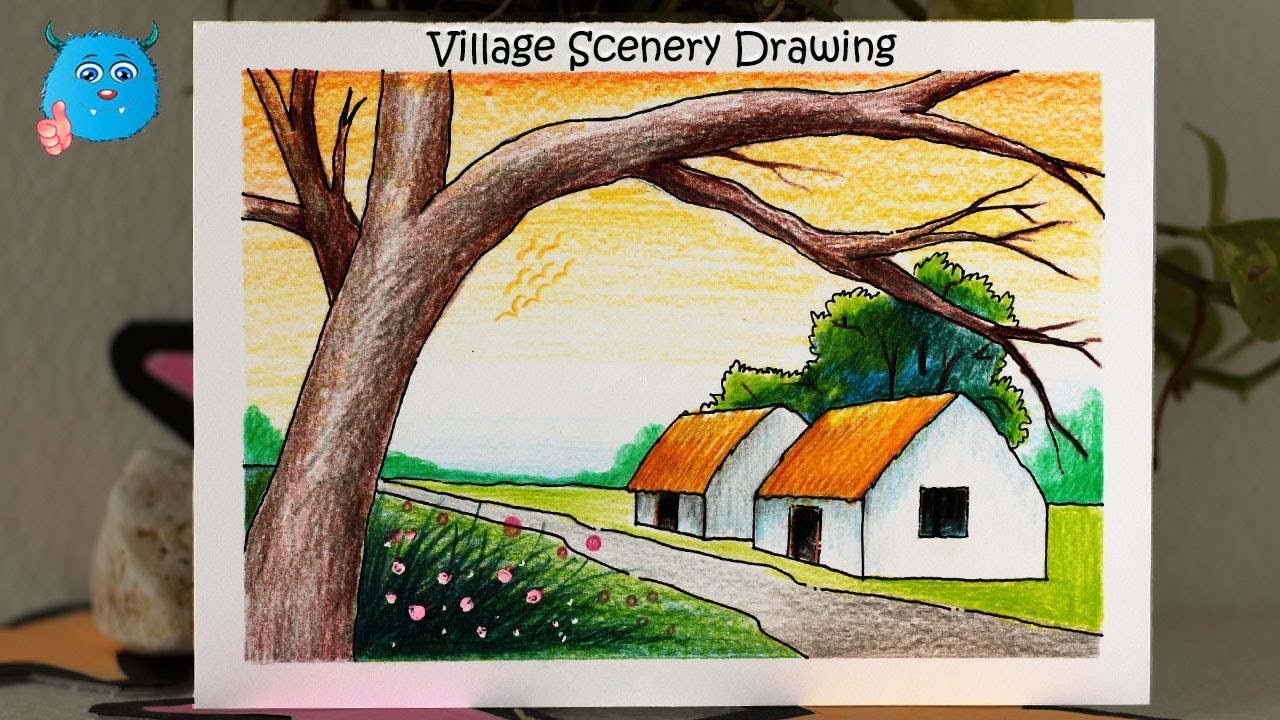 How to Draw Scenery of Village Easy || Village Landscape Drawing ...