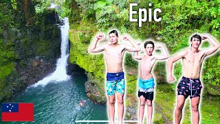 Thrilling Leap: American Teens Cliff Jump Samoan Waterfall