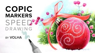 картинка: Copic markers speed drawing #17 / Рисую маркерами Copic новогодний шарик