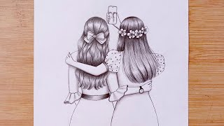 رسم سهل - صديقان يلتقطان صورة ذاتية || أفضل أصدقاء || BFF || besties - رسم قلم رصاص