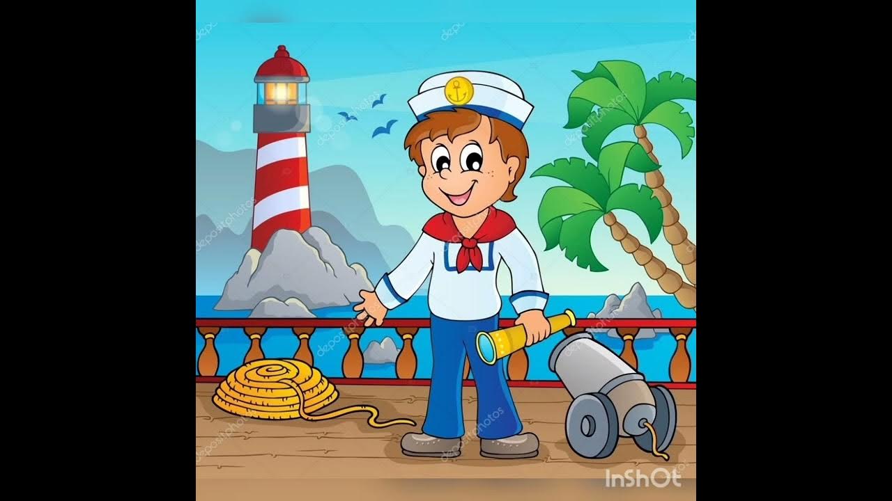 Иллюстрация моряки на палубе корабля для детей