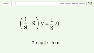 Linear equation with one unknown: Solve y/9=2/6 step-by-step solution