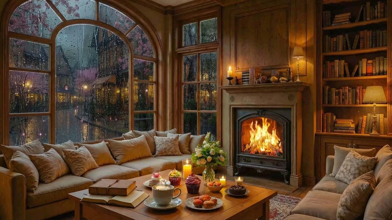 Rainy Night at Cozy Coffee Shop & Smooth Jazz Piano | Warm Fireplace Crackle for Focus & Work, Study