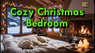 Cozy Winter Fireplace Ambience | Snowy Night, Warm Bedroom & Sleeping Aussie Doodle