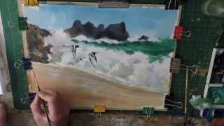 How to paint blue sea, waves and  beach. Learn how to paint sea birds
