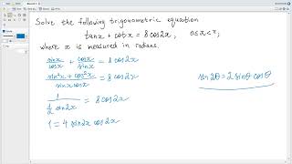 Ex. T5. Trigonometric equation. Double angle formula. IB, A-level Maths Tutor Online.