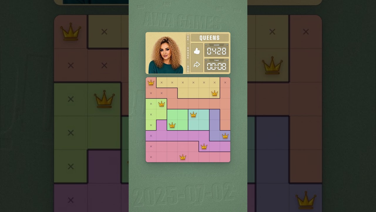 LinkedIn Queens #428 solved board for July 2, 2025, 8x8 grid