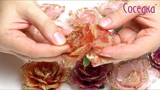 Цветы для декора  Где купить искусственные цветы  Flowers for decoration(Головки цветов. Цветы для заколок и украшений. Розочки из фатина с золотой присыпкой. Три цвета. Подробное..., 2016-07-31T19:50:39.000Z)