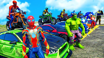 Cars and Spider-Man! SPIDERMAN TEAM on SUPER Cars Parkour Obstacles with Superheroes