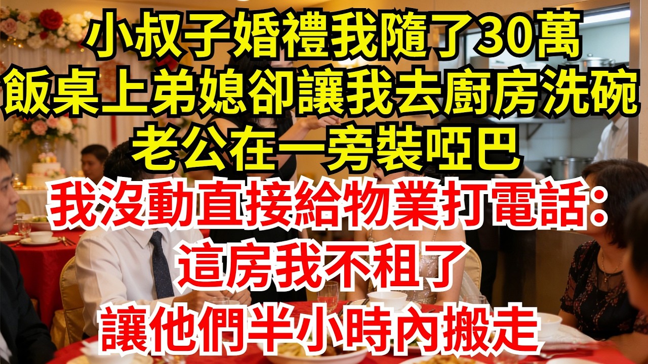 小叔子婚禮我隨了30萬，飯桌上弟媳卻讓我去廚房洗碗，老公在一旁裝啞巴，我沒動直接給物業打電話：這房我不租了，讓他們半小時內搬走【檐下故事會】#完結故事#情感故事#爽文#婆媳關系#婆媳和解 #女频小说