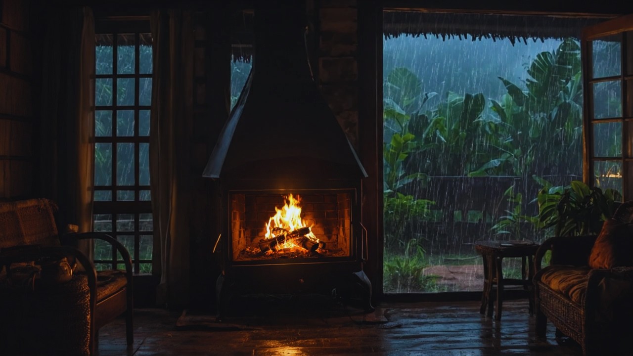 Deep Sleep in a Stormy Cabin with Warm Fireplace & Rain Sounds (2 Hours)