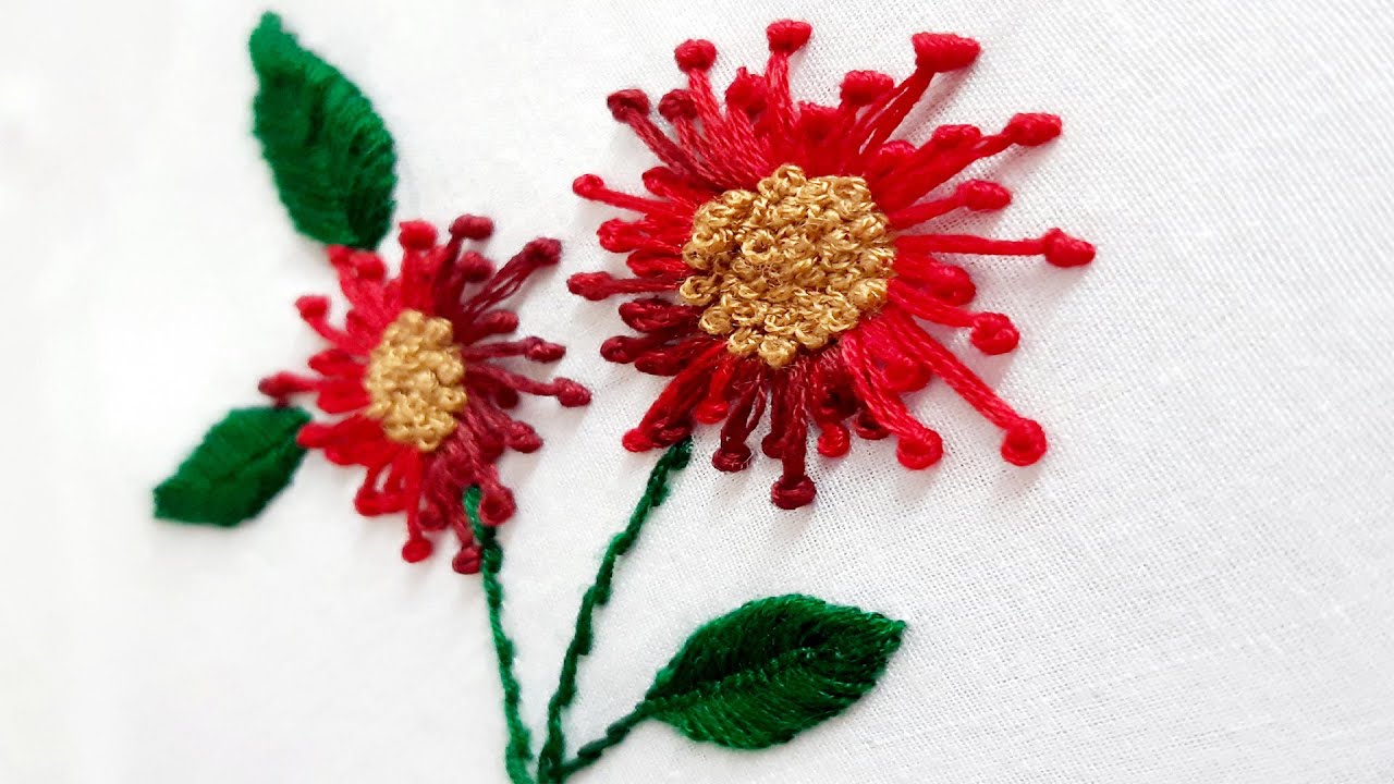 Flower embroidery tutorial with long french knot stitch design YouTube