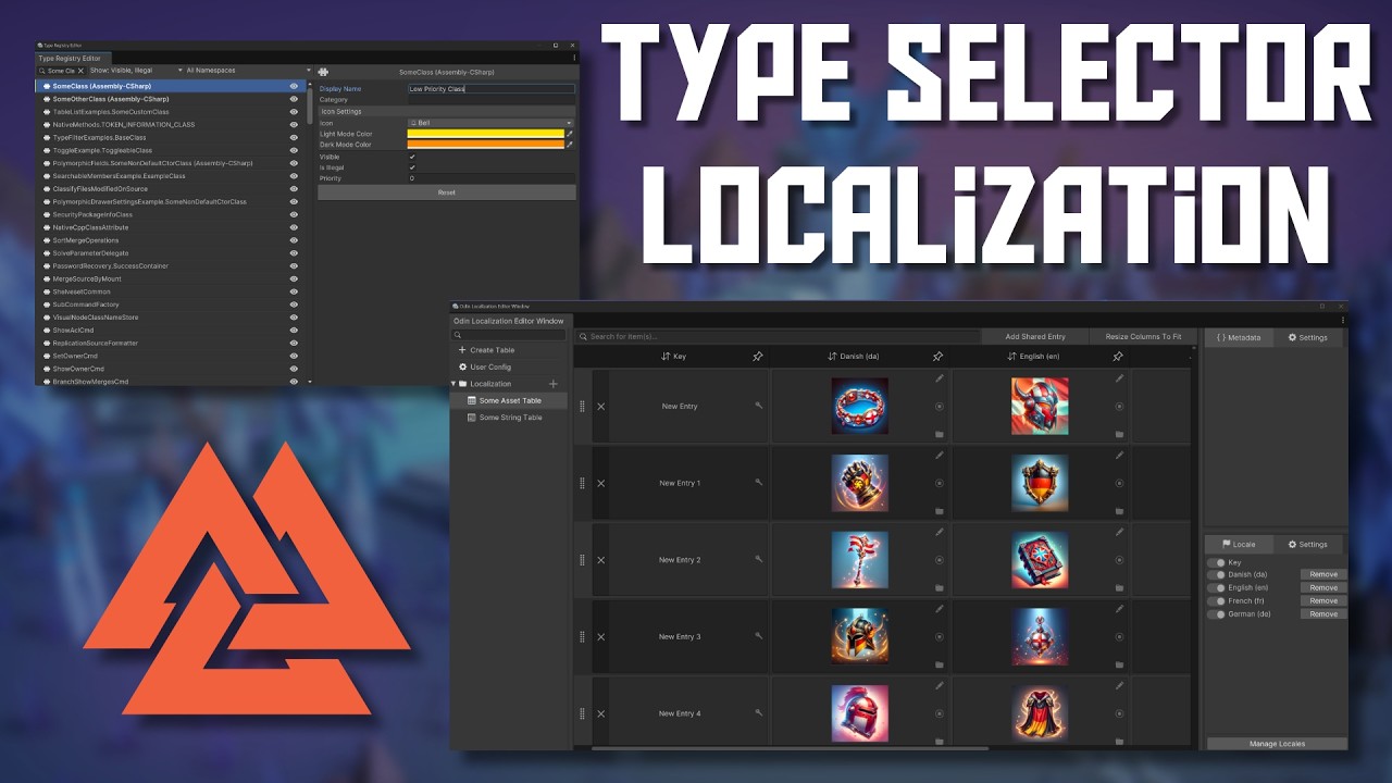 Odin Inspector:  Type Selector and Localization Window