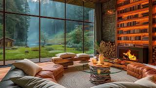 Cozy Luxury Living Room & Rainfall & Fireplace Ambience with Smooth Jazz Music for Relax, Study,Work