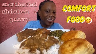 Smothered chicken and gravy w/rice | homemade gravy | comfort food | mukbang | eat with me