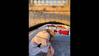 She gets stuck under the bridge 😱
