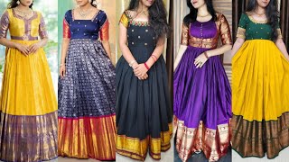 Latest Silk gown design ideas 2023 | Saree pattern long gown dress design | Long gown designs screenshot 4