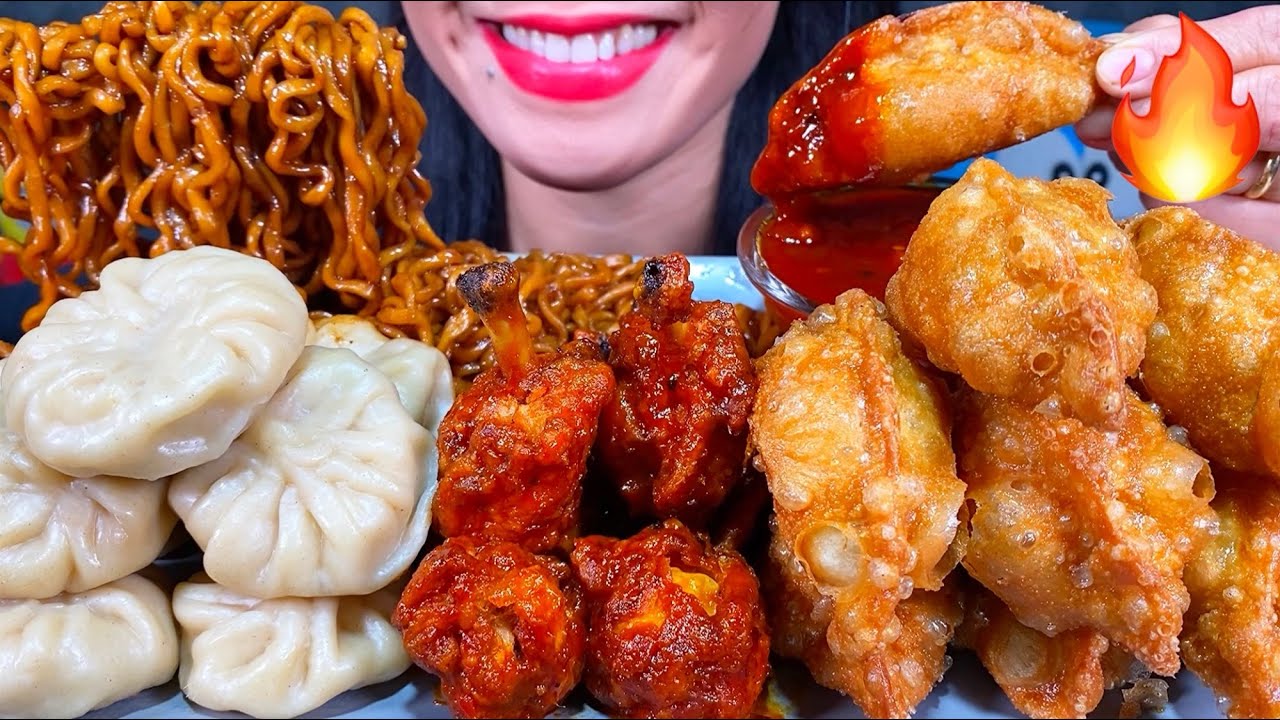 ASMR FRIED VEG MOMO, CHICKEN LOLLIPOP, CHICKEN MOMO, BLACK BEAN NOODLES MASSIVE Eating Sounds
