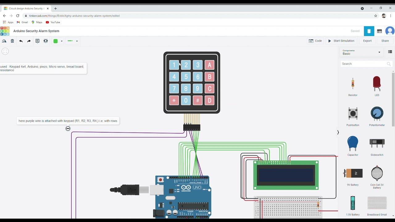 Arduino Security alarm system on Tinkercad (CODE LINK IN DESCRIPTION ...