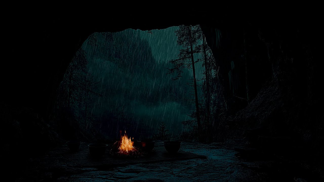 Escape from the Stormy Mountain Cave: Rain, Thunder & Firelight for Pure Relaxation ⛈️🔥