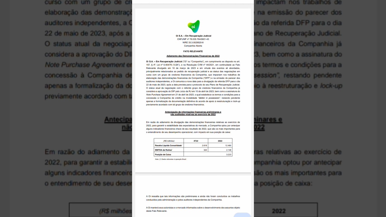 Nova data para divulgação de resultados do quarto trimestre de 2022 da empresa OI S.A. 