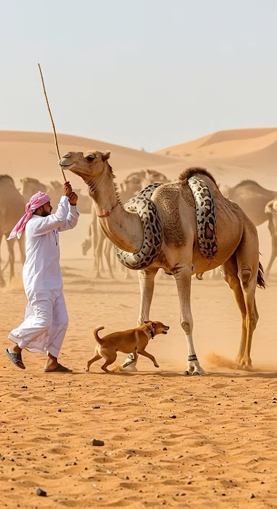 Dog and Owner Rush to Save Camel from Giant Snake