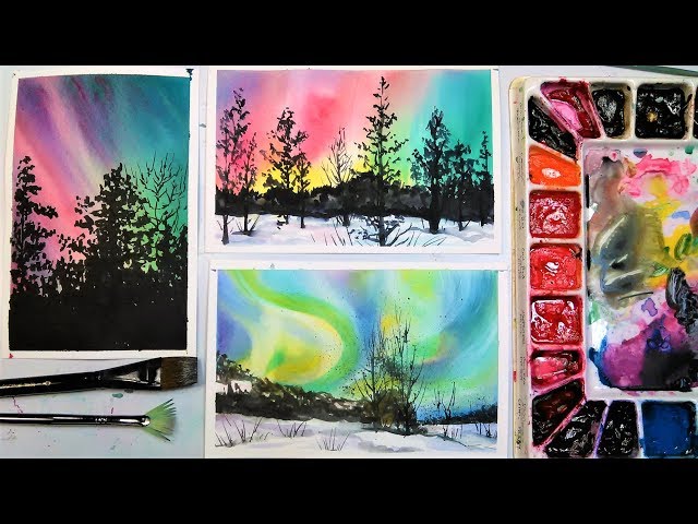 Aurora Borealis (Northern Lights) 3 Ways in Watercolor!