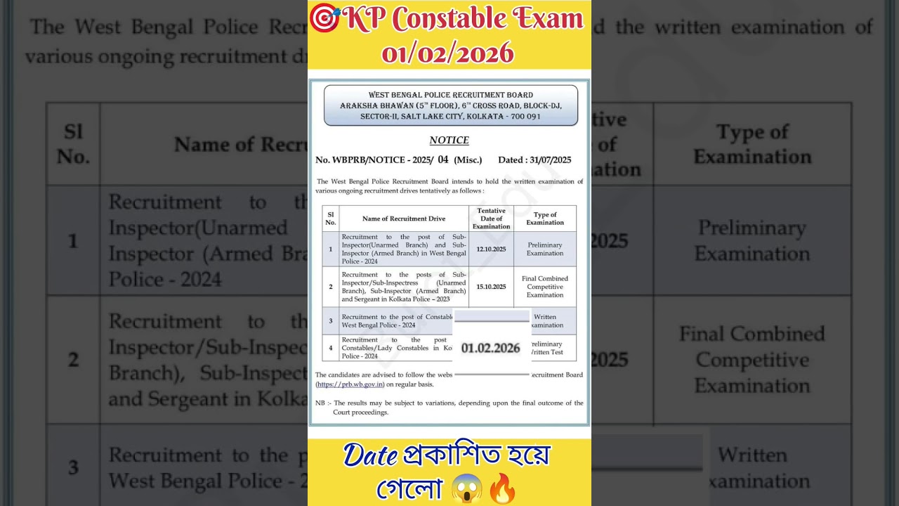 Kolkata Police Prelims Exam Date 2025 | KP Prelims 2025 | Wbp Exam Date 2025 | WBP Exam Update 2025