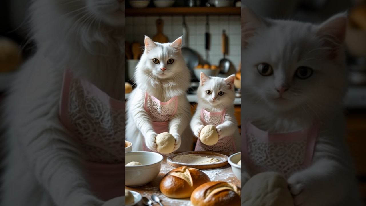 🐱Mother Cat Kitten Kneading Dough Baking Cooking🐱Tiny Baby Kitty🐱Sweet Furry Cats Bake🐱Funny AI Pov🐱