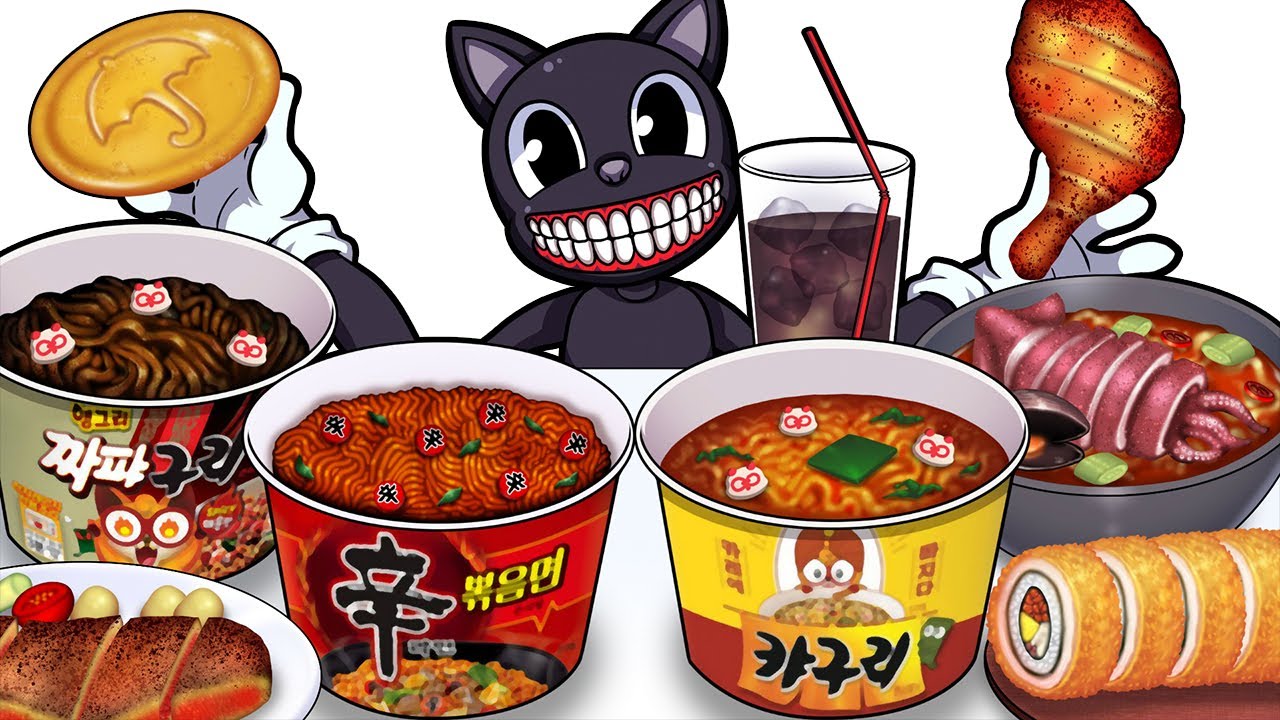 Mukbang Animation spicy Cup Noodle set eating Cartoon cat COMPLETE EDITION  - YouTube