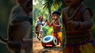Cute Baby Child Beating Dholak With His Dancing Monkey