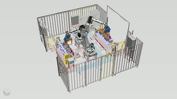 Robotic spot welding cell simulated in Tecnomatix Process Simulate software
