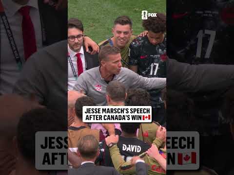 Canada manager Jesse Marsch gives a post-victory speech to his team after clinching the Round of 16
