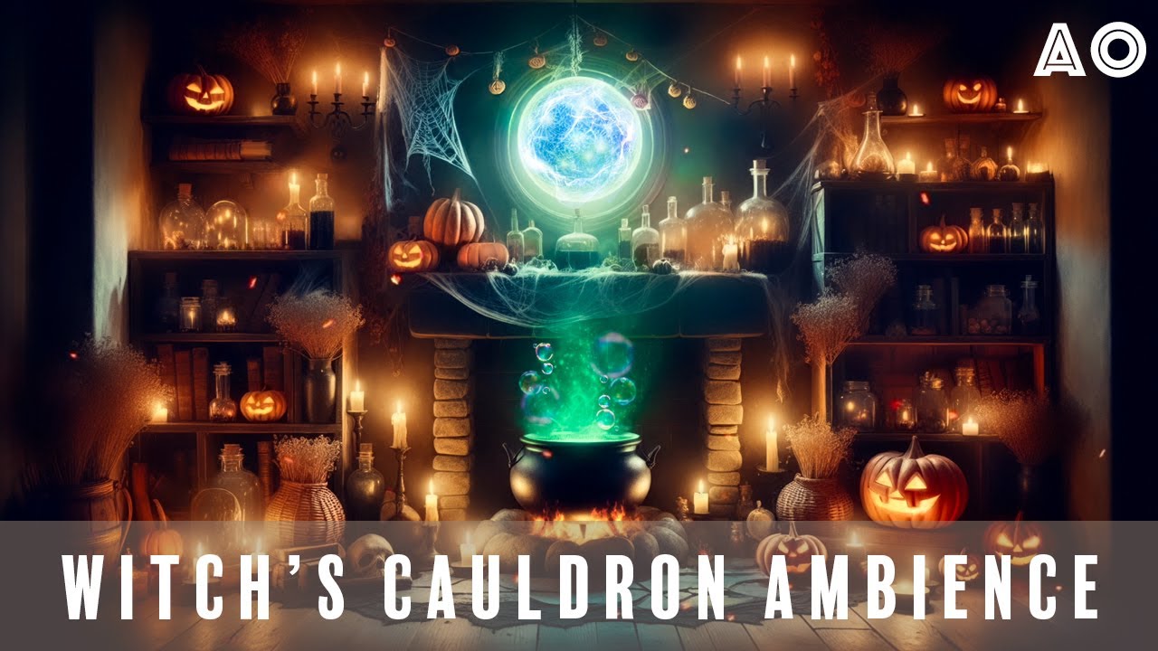 Halloween Witch Ambience: Cauldron Room in Forest Cottage w/Owl, Fire Sound Effect for Relaxation