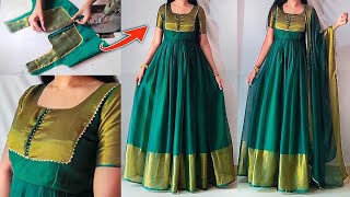 Convert saree into designer long dress/frock/gown | potli buttons long frock stitching Step by Step