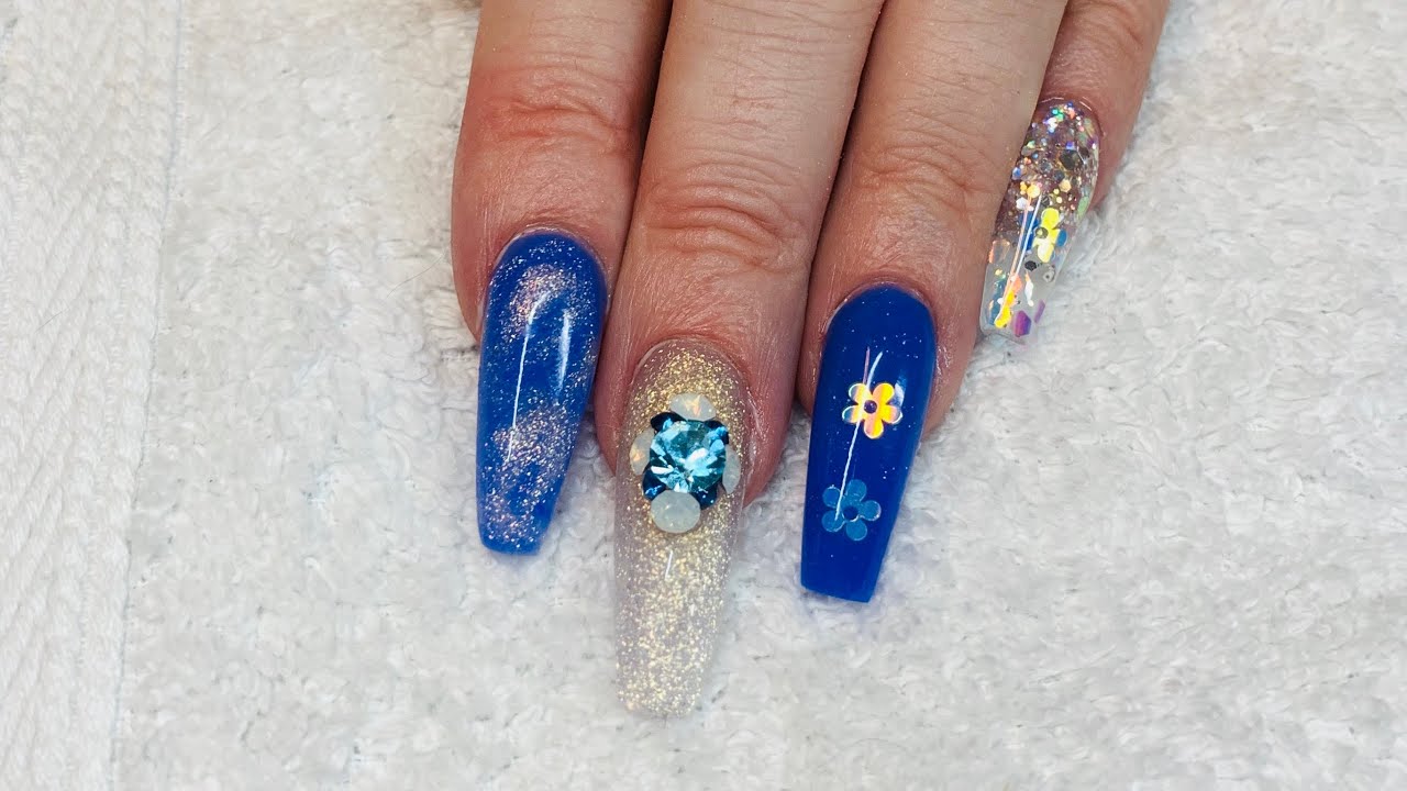 My Nails Cjp Acrylic Nail Art With Glitterstella Glitter And Flowers With Epic Bling Youtube