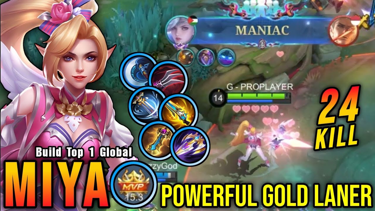 24 Kills + MANIAC!! Miya Powerful Gold Laner!! - Build Top 1 Global Miya ~ MLBB