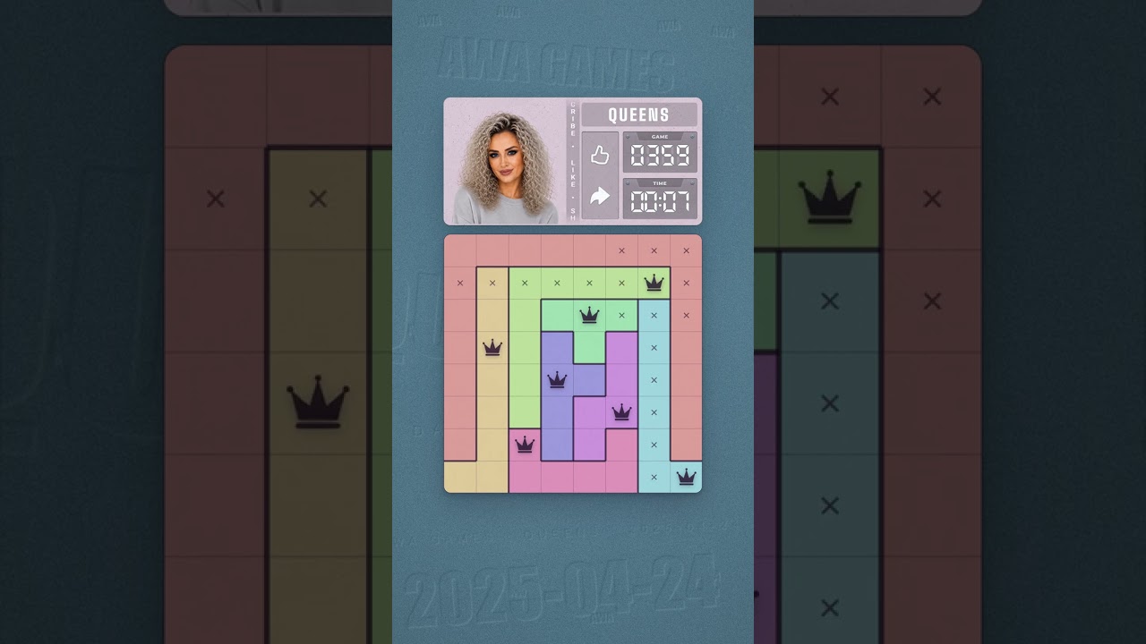 LinkedIn Queens #359 solved board for April 24, 2025, 8x8 grid