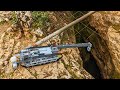 Lego technic crane explores deep chasm cave entrance