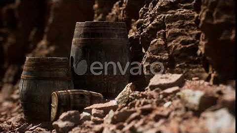 Old Wooden Vintage Wine Barrels Near Stone Wall in Canyon | Motion Graphics - Envato elements