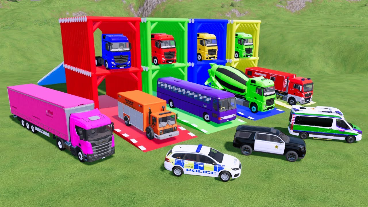 Перевозка красочного контейнера, бетоносмеситель, грузовик Kara, полицейские машины Mercy, машина...