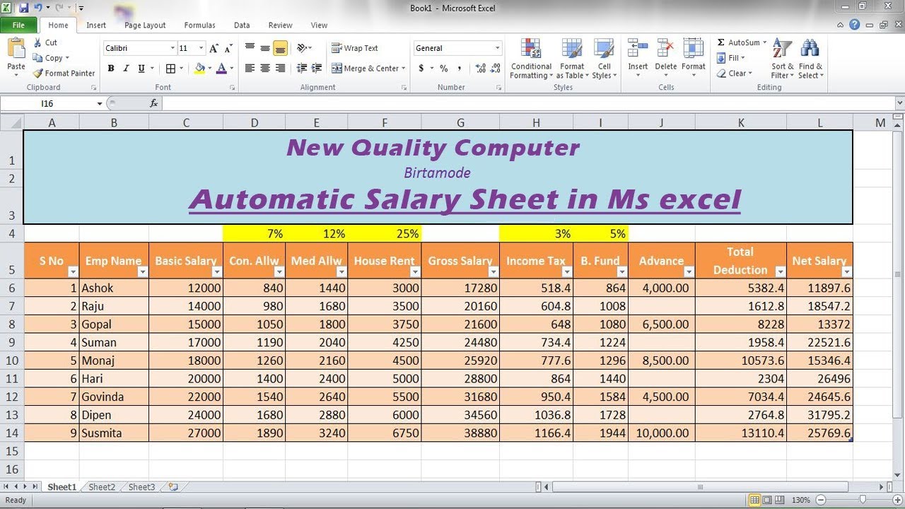 Automatic Salary sheet in Ms Excel How to Entry Employee Salary